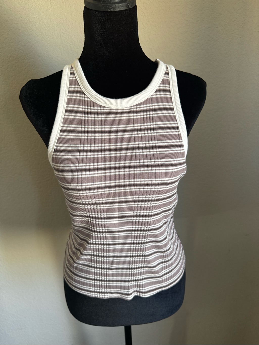 Pink Victoria's Secret Ribbed Striped Tank Top - Taupe & White
